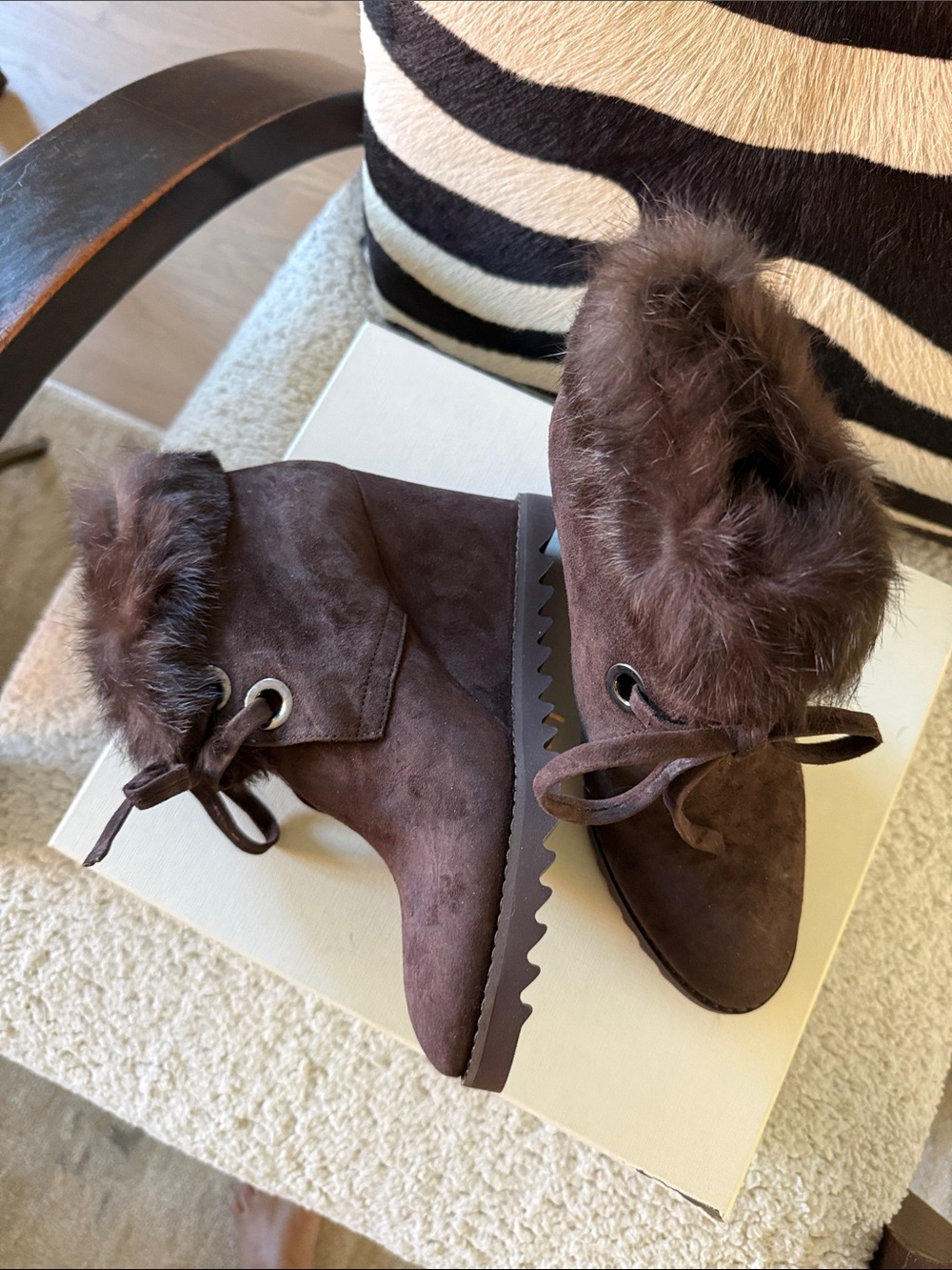 NIB M Gemi Suede Fur-Trim Lace-Up Ankle Booties